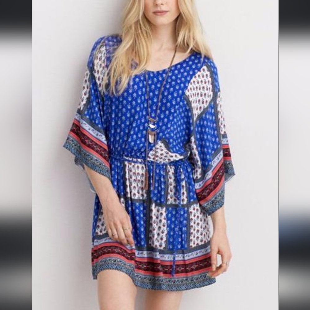 AEO American Eagle Patchwork Flowy Dress Tunic Loose Fit V-neck Bright Blue